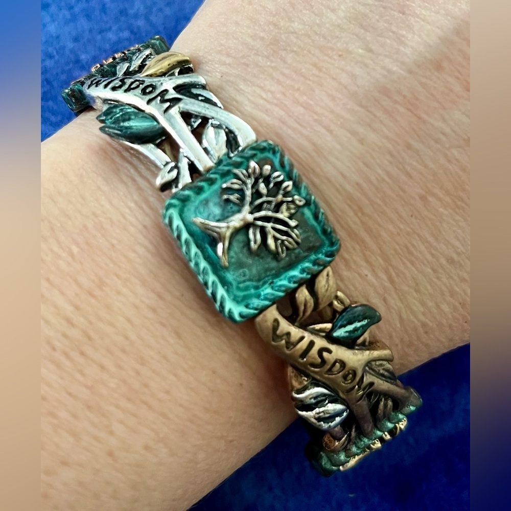 Wisdom Tree Bracelet in Green, Silver, Gold, & Copper - Stretch Bracelet